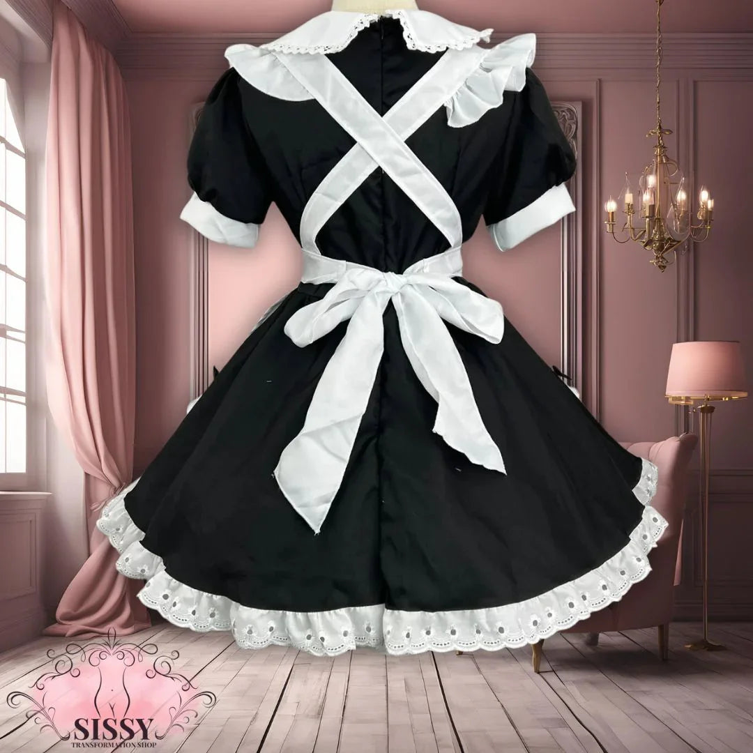 Robe sissy maid noire et blanche avec volants et tablier croisé vue de dos