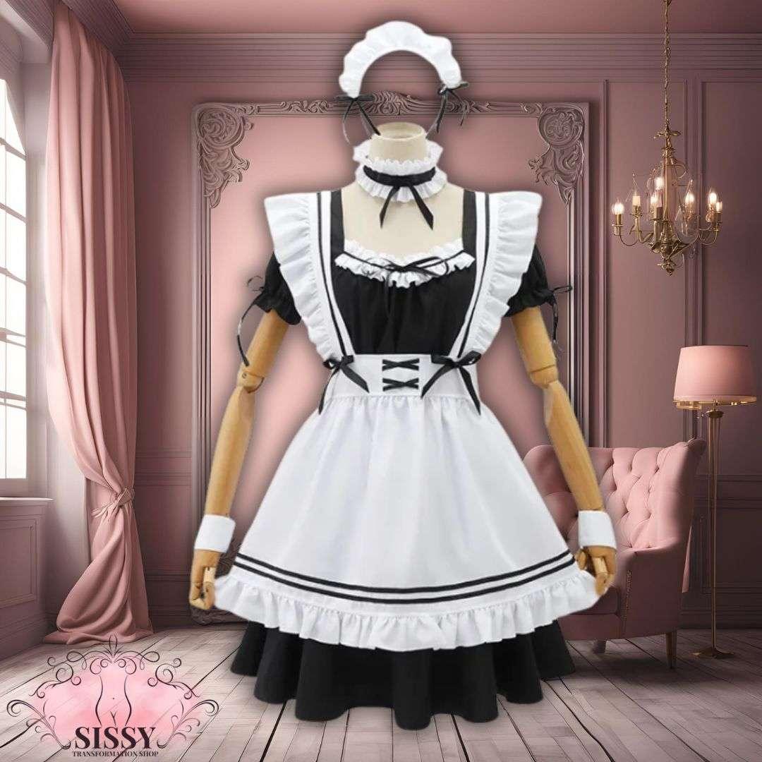 Robe Sissy Maid noire et blanche avec tablier volanté et accessoires assortis dans une pièce élégante