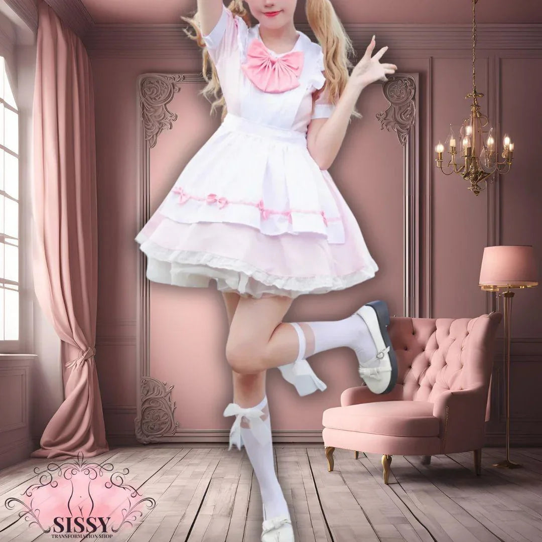 Robe sissy maid blanche et rose avec jupe à volants portée dans un intérieur décoré vintage