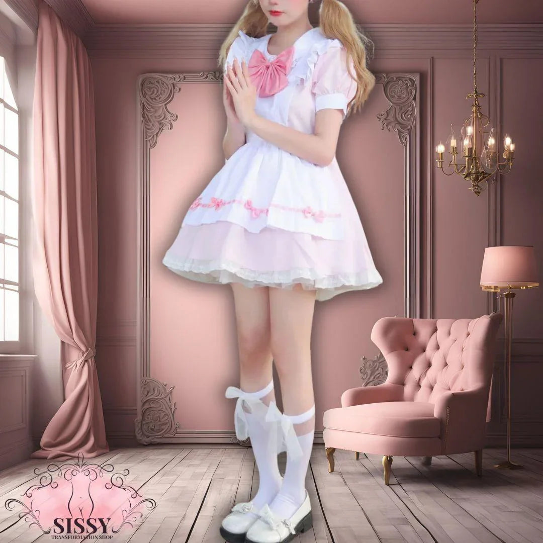 Femme portant une robe sissy maid blanche et rose avec tablier dans un intérieur élégant