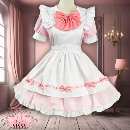Robe sissy maid blanche et rose avec grands volants et nœuds décoratifs pour costume de servante