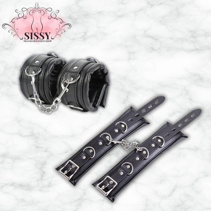 Set de contrainte BDSM en cuir noir avec chaînes et boucles métalliques pour accessoires