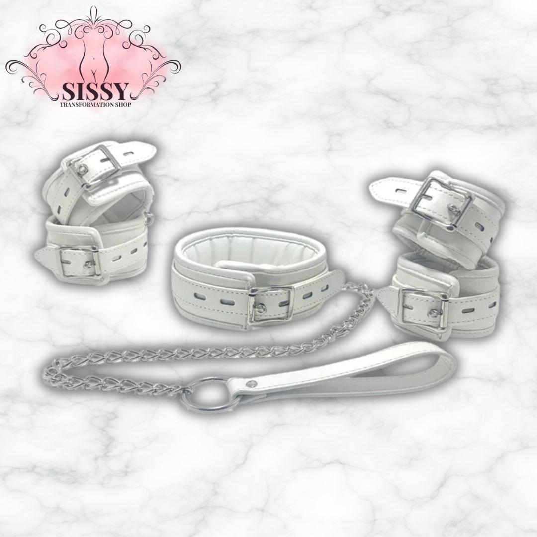 Set de contrainte BDSM blanc avec menottes, collier et laisse en cuir par Sissy Transformation Shop