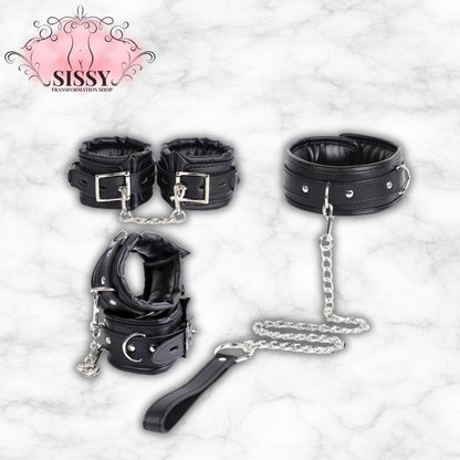 Set de contrainte BDSM en cuir noir avec menottes et collier ajustables en chaîne métal
