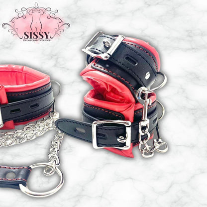 Set de contrainte BDSM en cuir noir et rouge avec chaînes et boucles métalliques pour accessoires