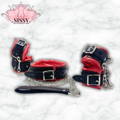 Set de contrainte BDSM en cuir rouge et noir avec menottes et laisse de Sissy Transformation Shop