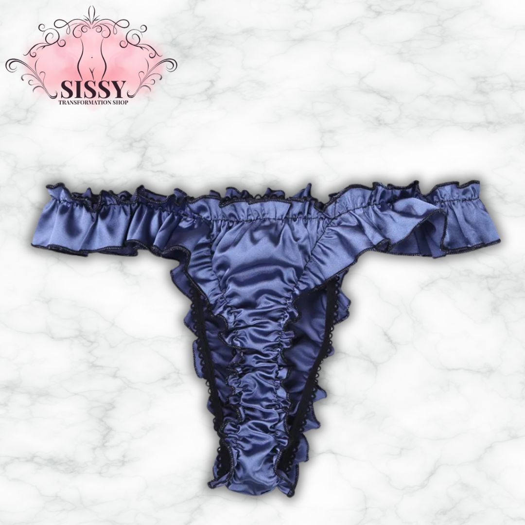 String sissy en satin brillant avec volants, couleur bleu nuit pour une allure élégante et féminine