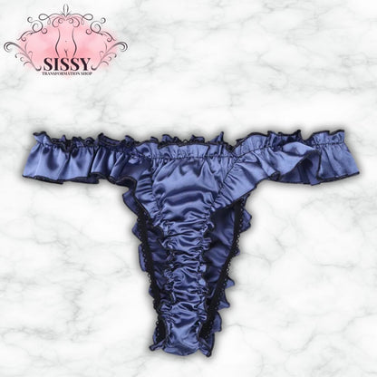 String sissy en satin brillant avec volants, couleur bleu nuit pour une allure élégante et féminine