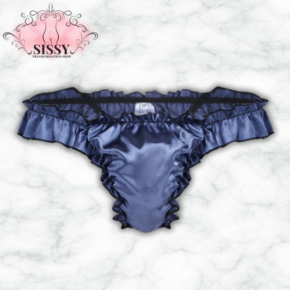 String sissy en satin brillant avec volants de couleur marine pour une allure élégante et séduisante