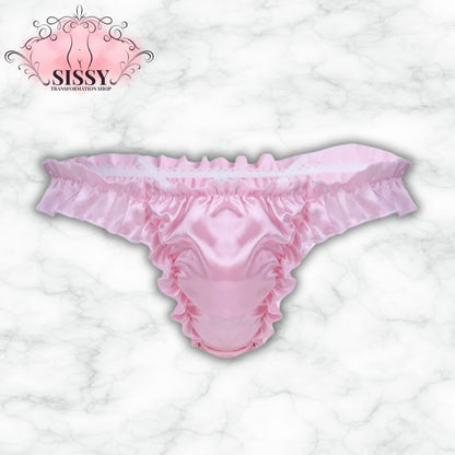 String sissy en satin brillant avec volants en rose pour une touche élégante et féminine