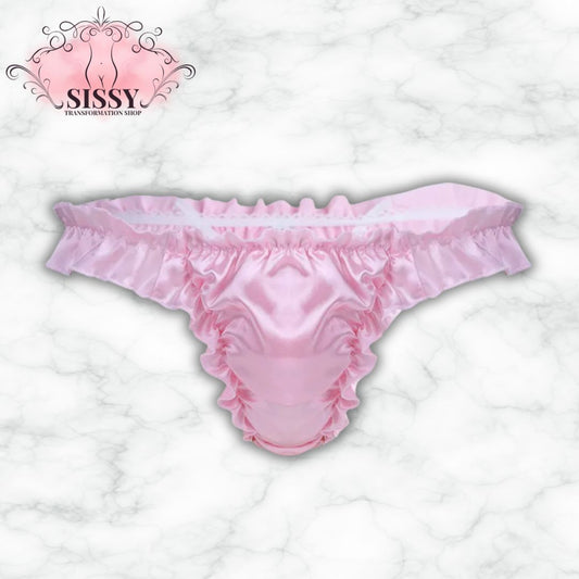String sissy en satin brillant avec volants en rose pour une touche élégante et féminine