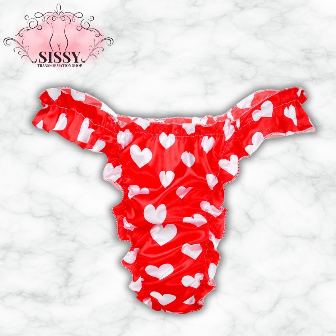String sissy en satin brillant avec volants, rouge à motifs de cœurs blancs pour une touche féminine