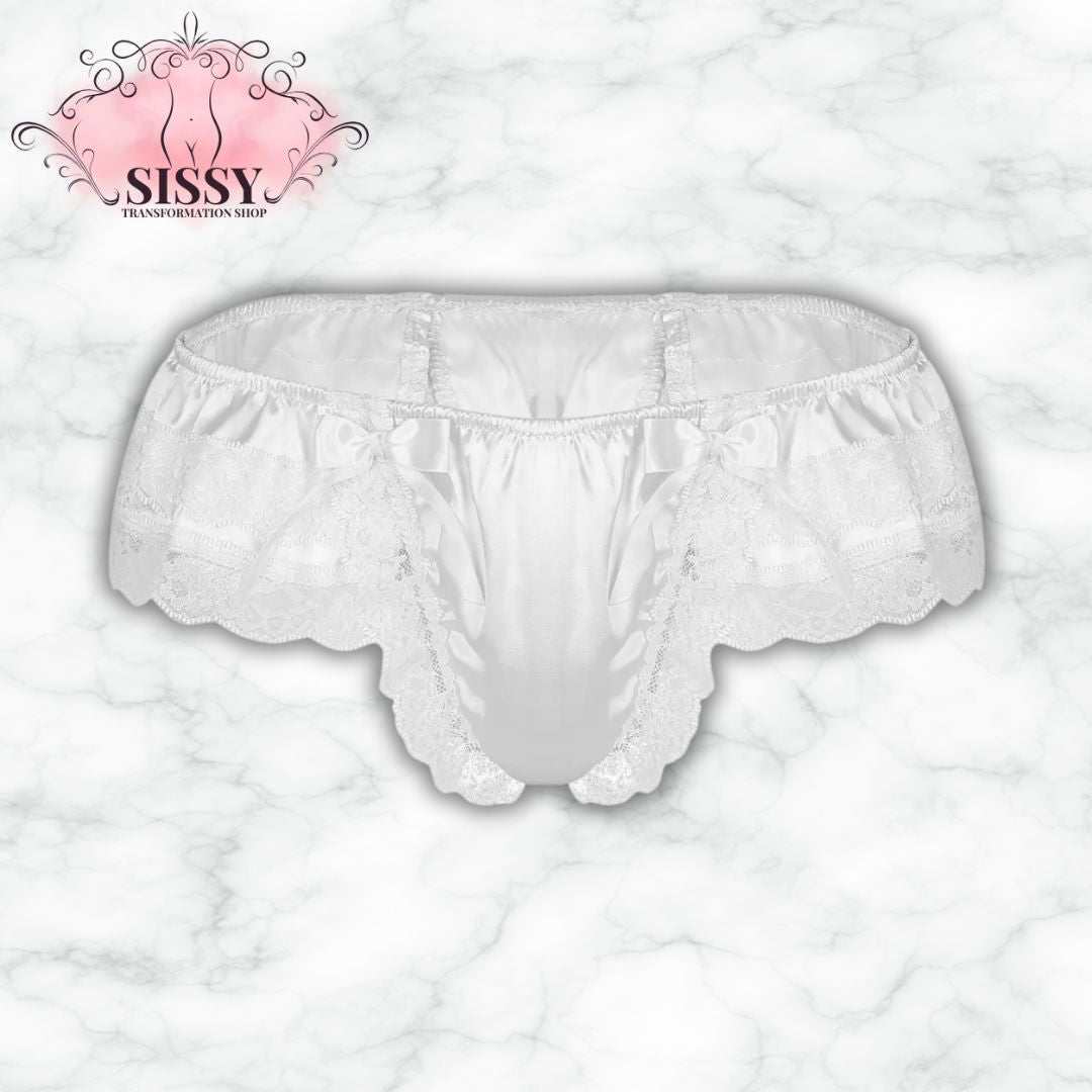 String sissy en satin et dentelle avec grand nœud, élégant et confortable pour une touche sexy.