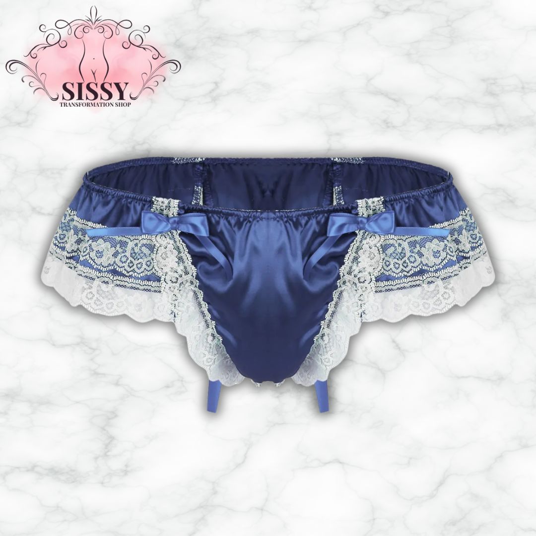 String sissy en satin et dentelle avec grand nœud dans une couleur bleu nuit élégante