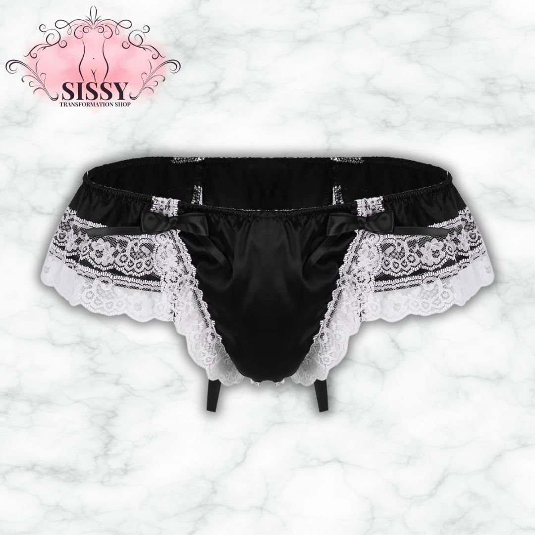String sissy en satin et dentelle avec grand nœud, noir avec des détails en dentelle délicats
