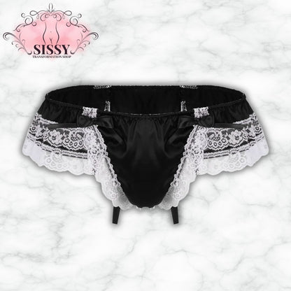String sissy en satin et dentelle avec grand nœud, noir avec des détails en dentelle délicats
