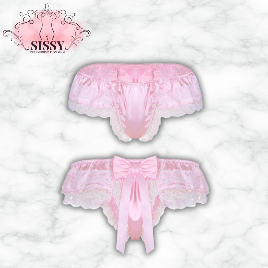 String sissy en satin et dentelle avec grand nœud, style doux et romantique, couleur rose délicate