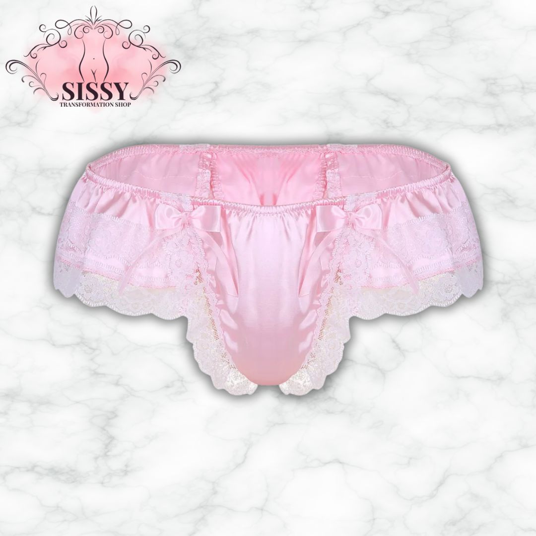 String sissy en satin et dentelle avec grand nœud, couleur rose délicate et détails raffinés