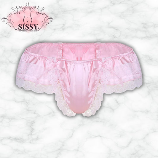 String sissy en satin et dentelle avec grand nœud, couleur rose délicate et détails raffinés