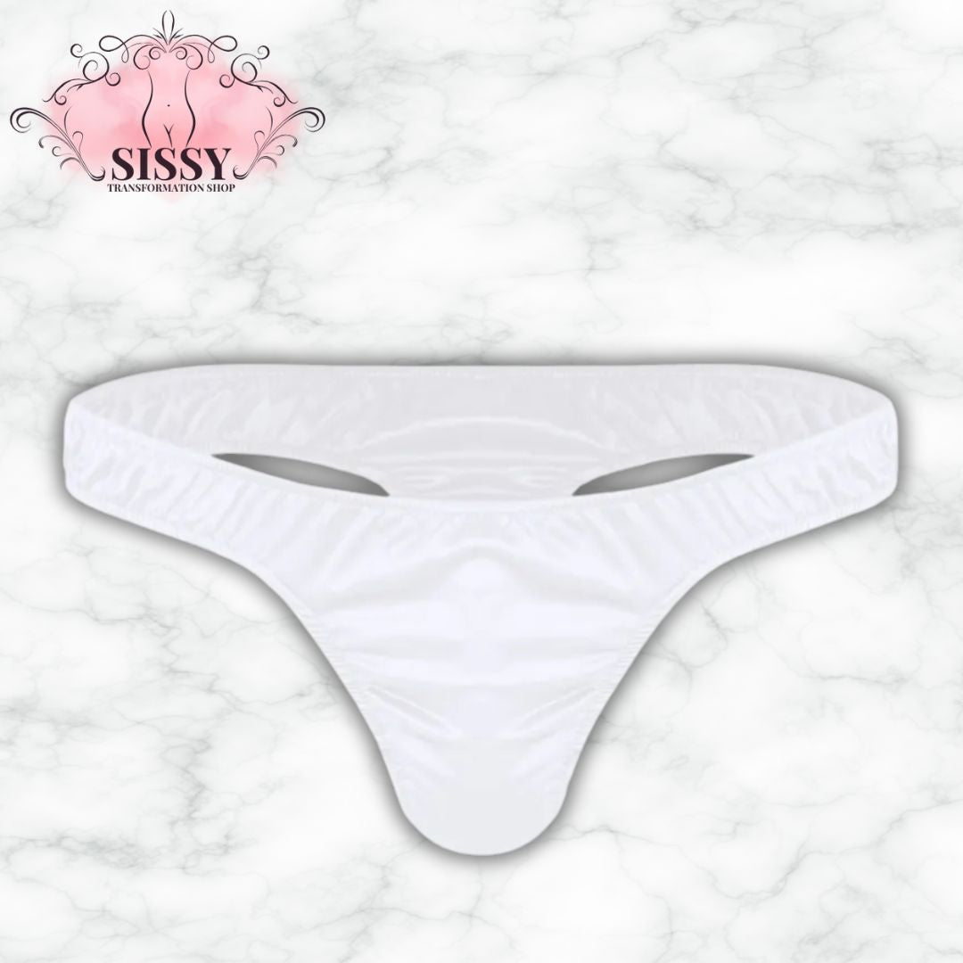 String sissy en satin brillant blanc avec taille élastique pour un confort optimal