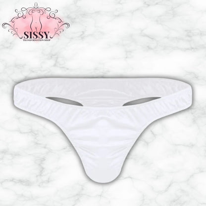 String sissy en satin brillant blanc avec taille élastique pour un confort optimal