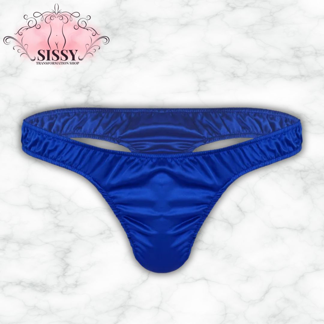 String sissy en satin brillant bleu avec coupe élégante et confortable pour un look séduisant