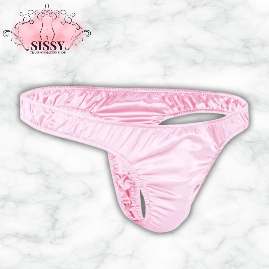 String sissy en satin brillant rose avec une coupe élégante et confortable pour un look séduisant