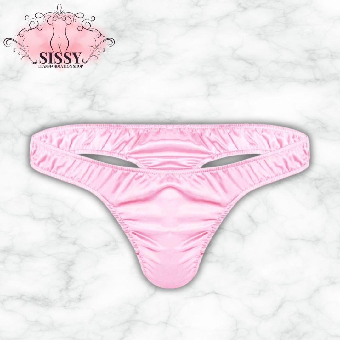 String sissy en satin brillant rose avec une coupe élégante pour un style séduisant