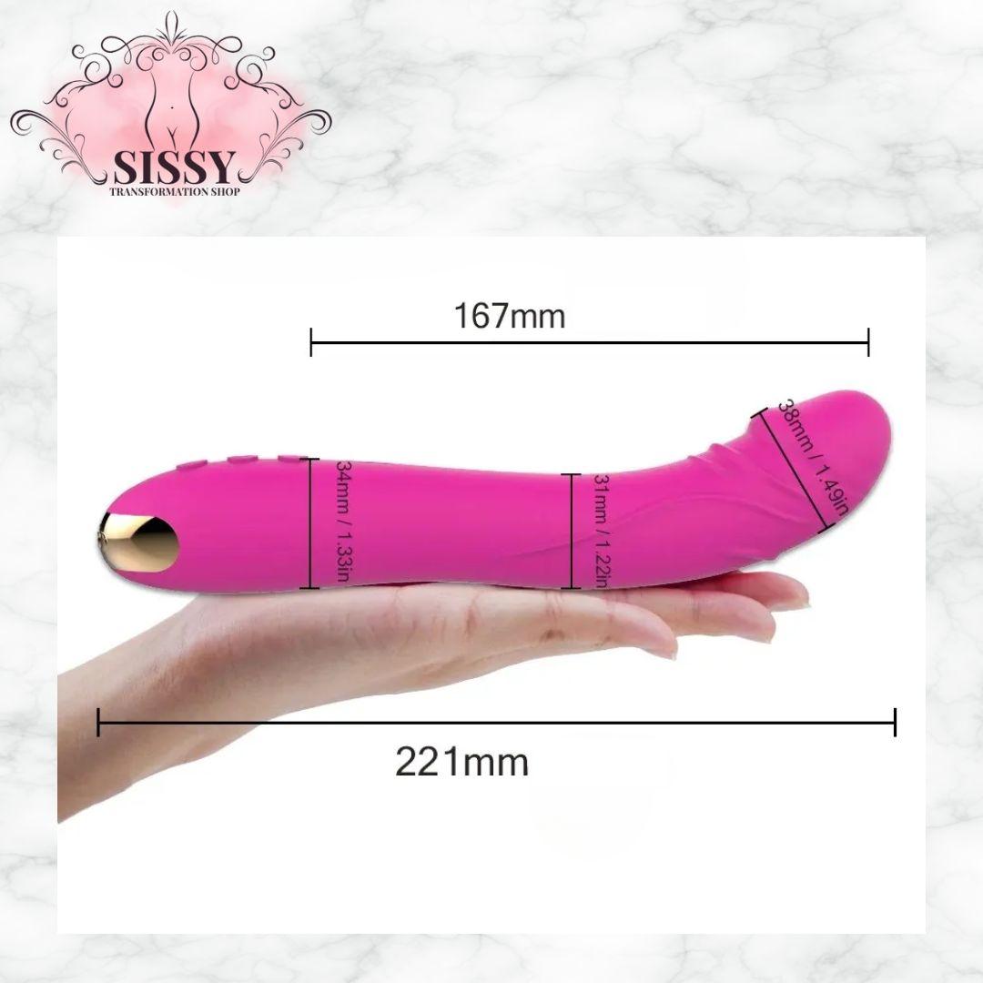 Vibromasseur en silicone rose ergonomique avec dimensions détaillées tenant dans une main