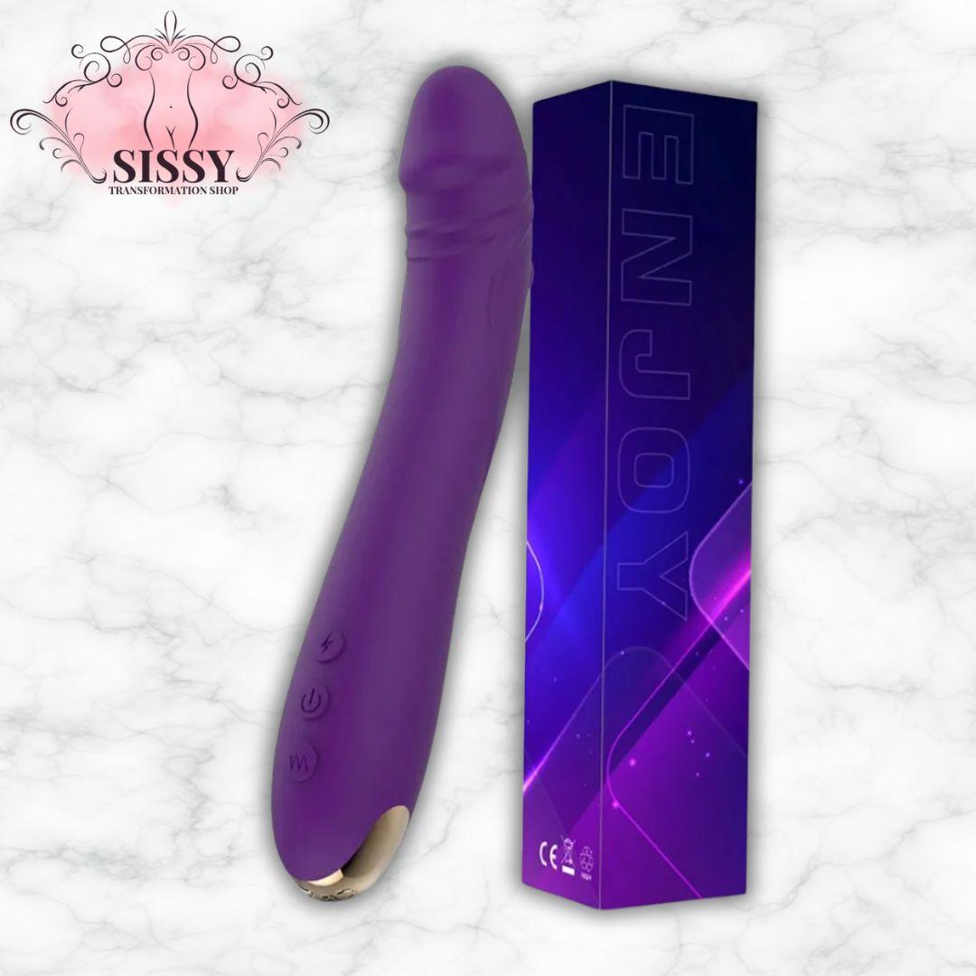 Vibromasseur en silicone violet avec commandes intégrées et boîte bleue thème Enjoy