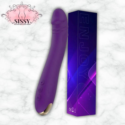 Vibromasseur en silicone violet avec commandes intégrées et boîte bleue thème Enjoy