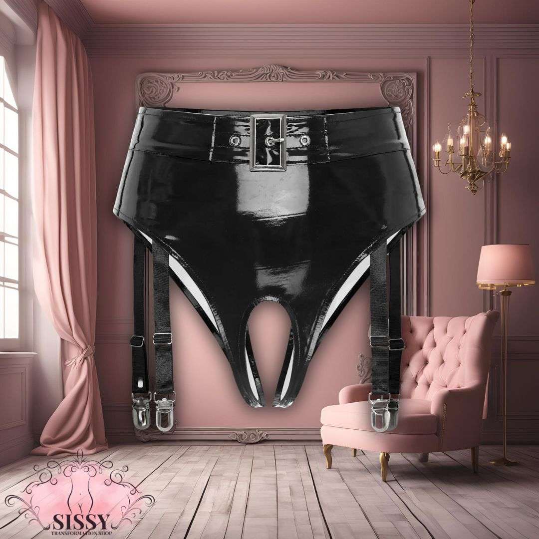 String taille haute Sissy en similicuir noir brillant avec jarretelles de Sissy Transformation Shop