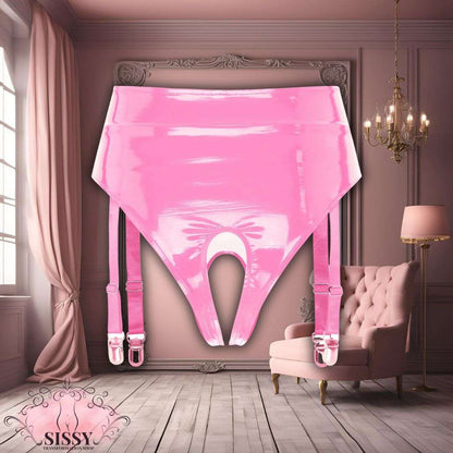 String taille haute Sissy en similicuir rose brillant avec jarretelles pour lingerie fine