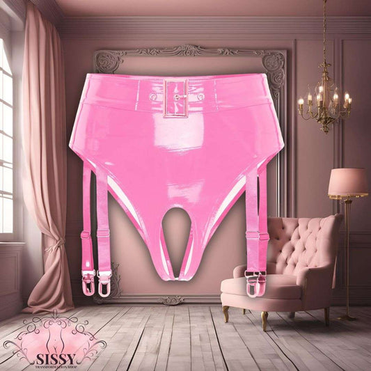 String taille haute Sissy en similicuir rose brillant avec jarretelles ajustables