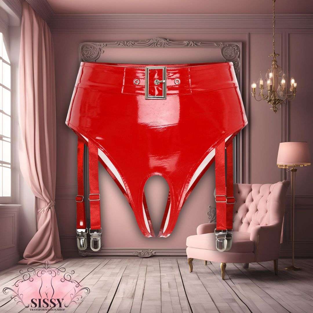 String taille haute Sissy en similicuir rouge brillant avec jarretelles réglables de Sissy Transformation Shop