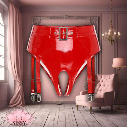String taille haute Sissy en similicuir rouge brillant avec jarretelles réglables de Sissy Transformation Shop